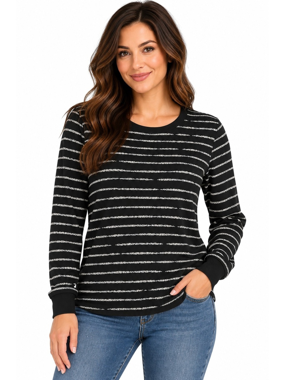 Women's XL Black White Striped Long Sleeve Crew Neck Stretch Tunic Top